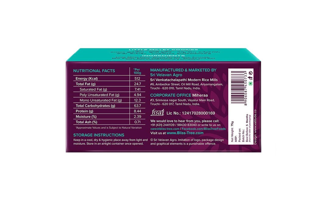 Bliss Tree Healthy Bites Little Millet Cookies    Pack  75 grams